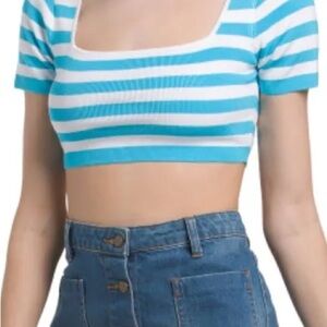 Zara White and Blue Ribbed Crop Top